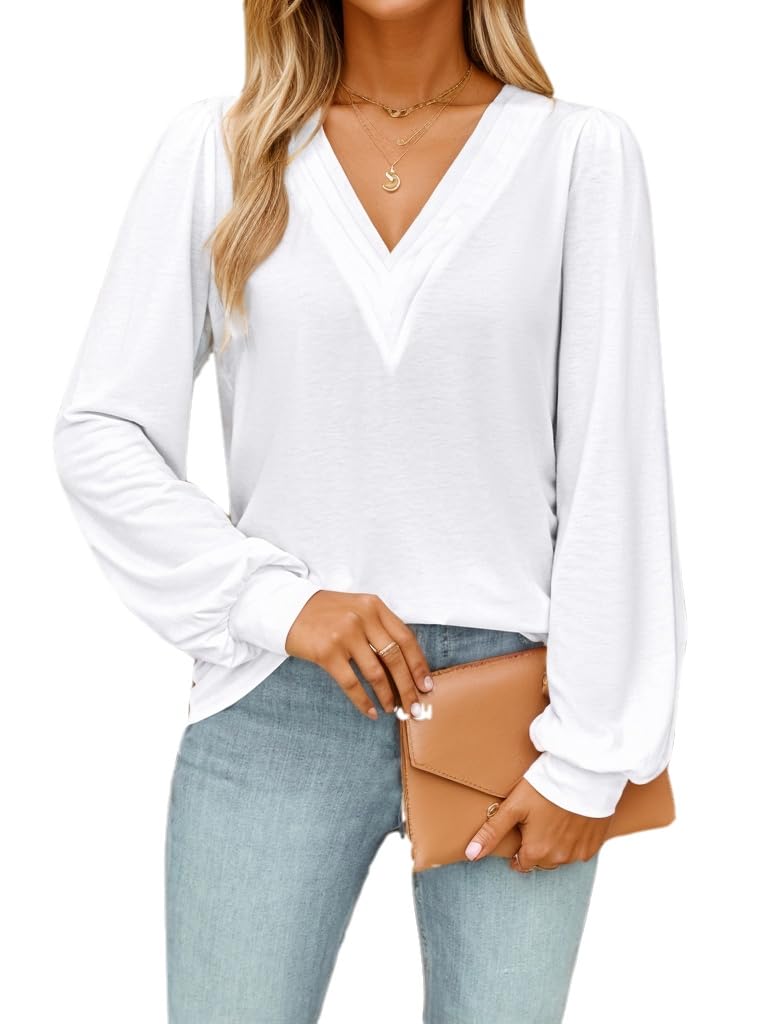 Puff Sleeve Tops for Women V Neck Flowy Pleated Shirts Dressy Casual Loose Tshirt Trending Fall Clothes White Top 2XL